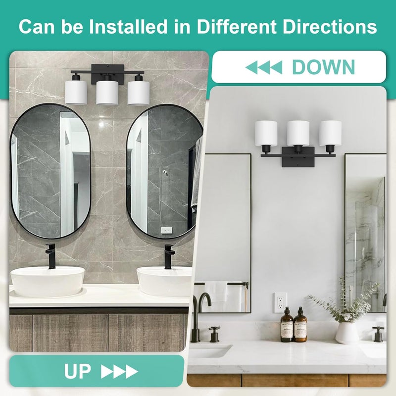 Dekang Black Bathroom Light Fixtures Over Mirror, Rustproof Vanity Lights for Bathroom, Modern 3-Light Wall Sconces for Living Room, Milky White Glass Shades, Standard E26 Base, Bulbs Not Included - Image 4